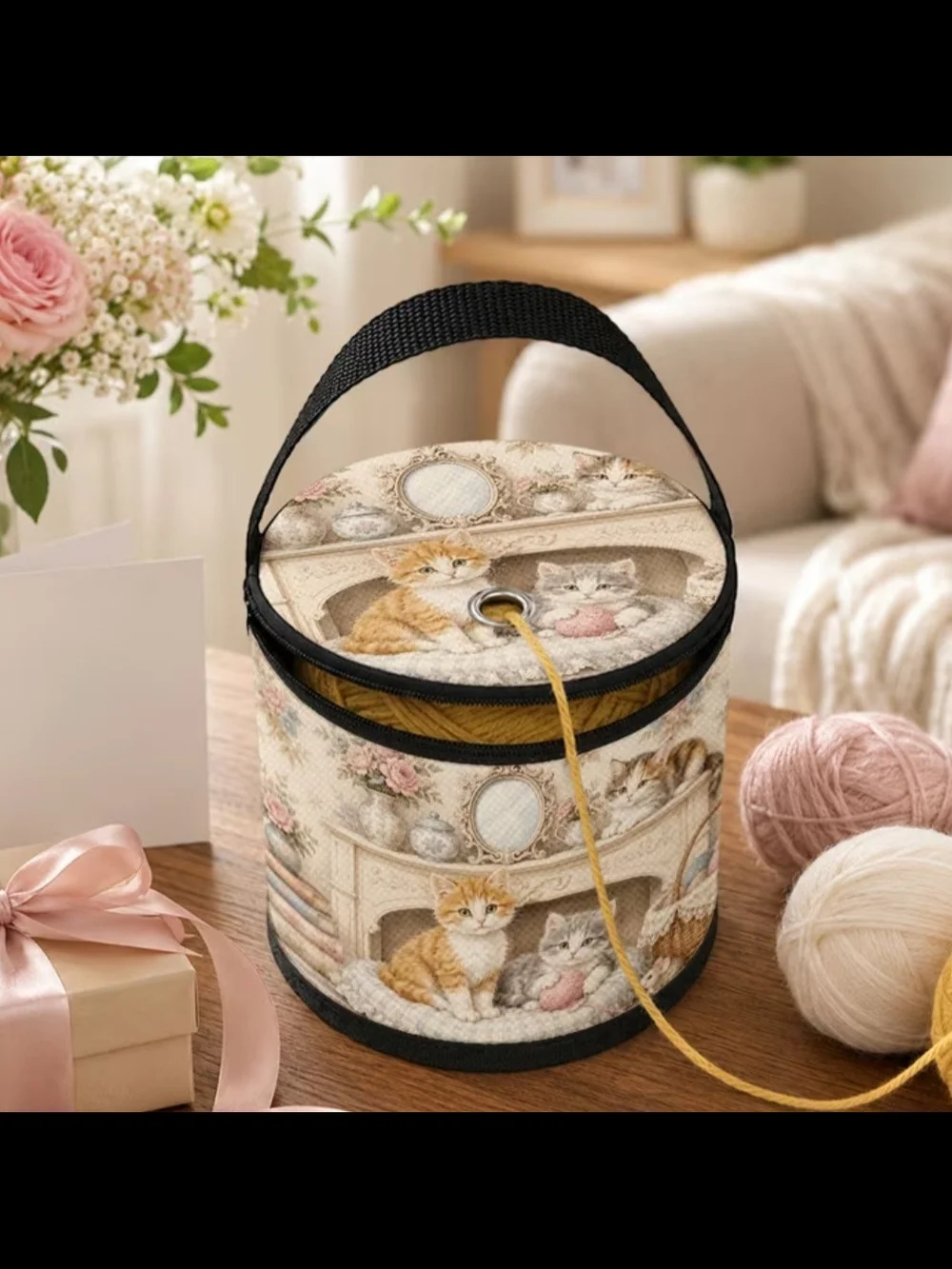 Cat-Themed Yarn Keeper Tote in Cream and Black with Handle